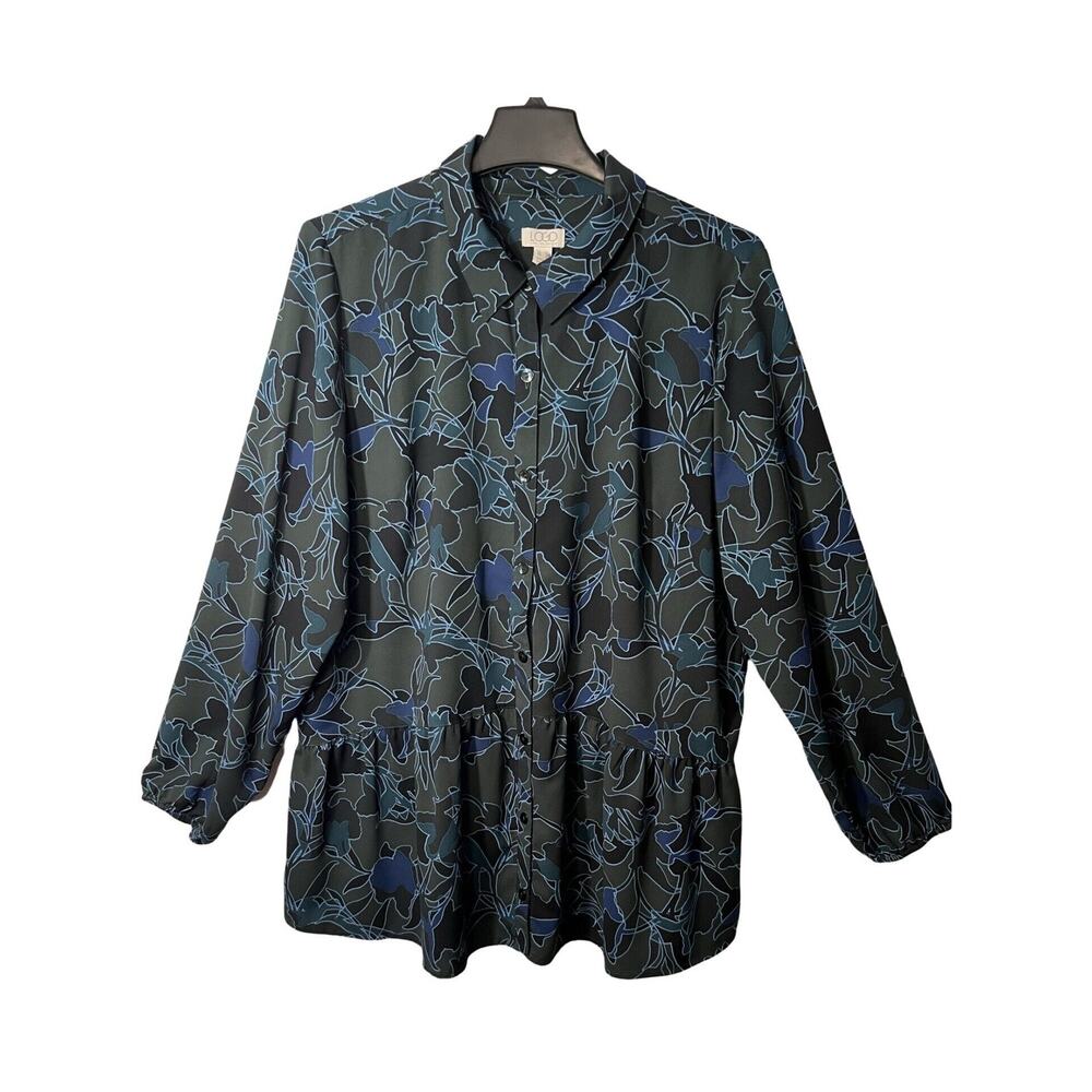 Lori Goldstein Blouse Womens Size L Blue Button Up Relaxed Fit Long Sleeve Colla
